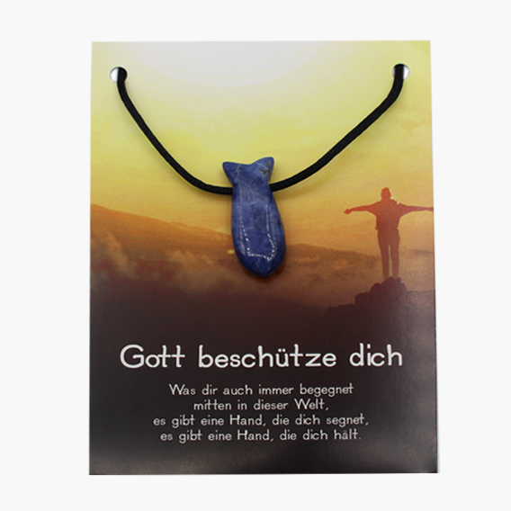 „Gott beschütze dich“ Sodalith Fisch Anhänger gebohrt auf großer Karte
