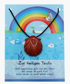 „Zur heiligen Taufe“ Jaspis rot Jakobsmuschel Anhänger auf großer Karte