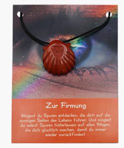 „Zur Firmung“ Jaspis rot Jakobsmuschel Anhänger auf großer Karte