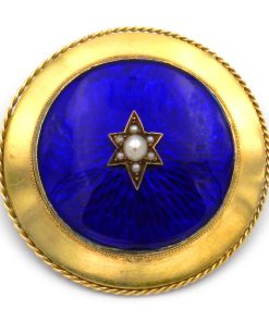 Antike Gold Brosche mit blauem Emaille und Orientperlen, England um 1865