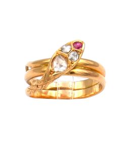 Antiker Schlangenring – 18K Gold Ring mit Rubin und Diamanten um 1880