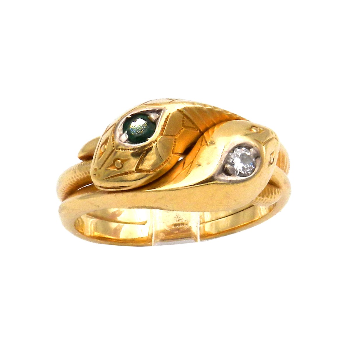 Antiker Smaragd Diamant Ring als Schlangenring in 14K Gold, um 1900