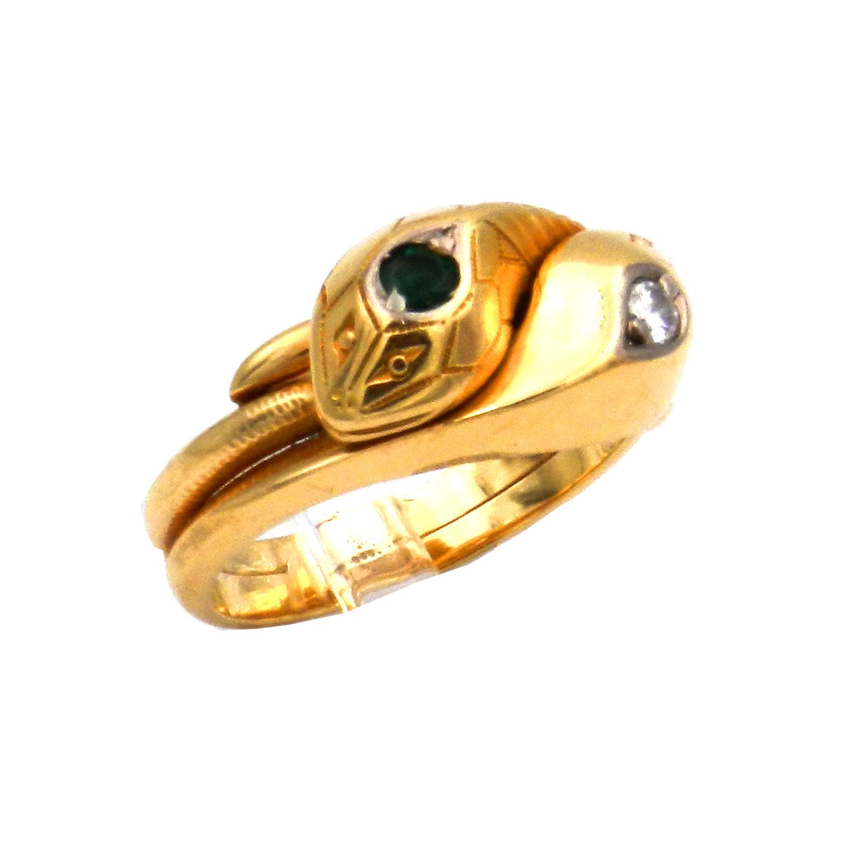 Antiker Smaragd Diamant Ring als Schlangenring in 14K Gold, um 1900 – Bild 2