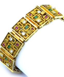 Gold Armband mit 1.9 ct Diamanten Rubinen und Smaragden Handarbeit Meran um 1970