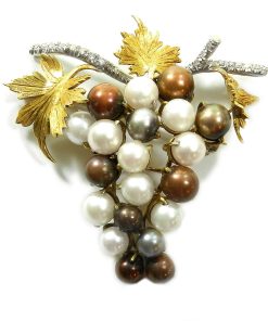 Goldene Perl Diamant Brosche „Weintraube“